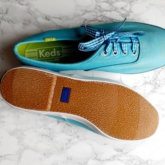 Keds Aqua Blue  Ladies Gingham Laces Canvas Low Top Sneaker Shoes Size 7.5 - Picture 3 of 14